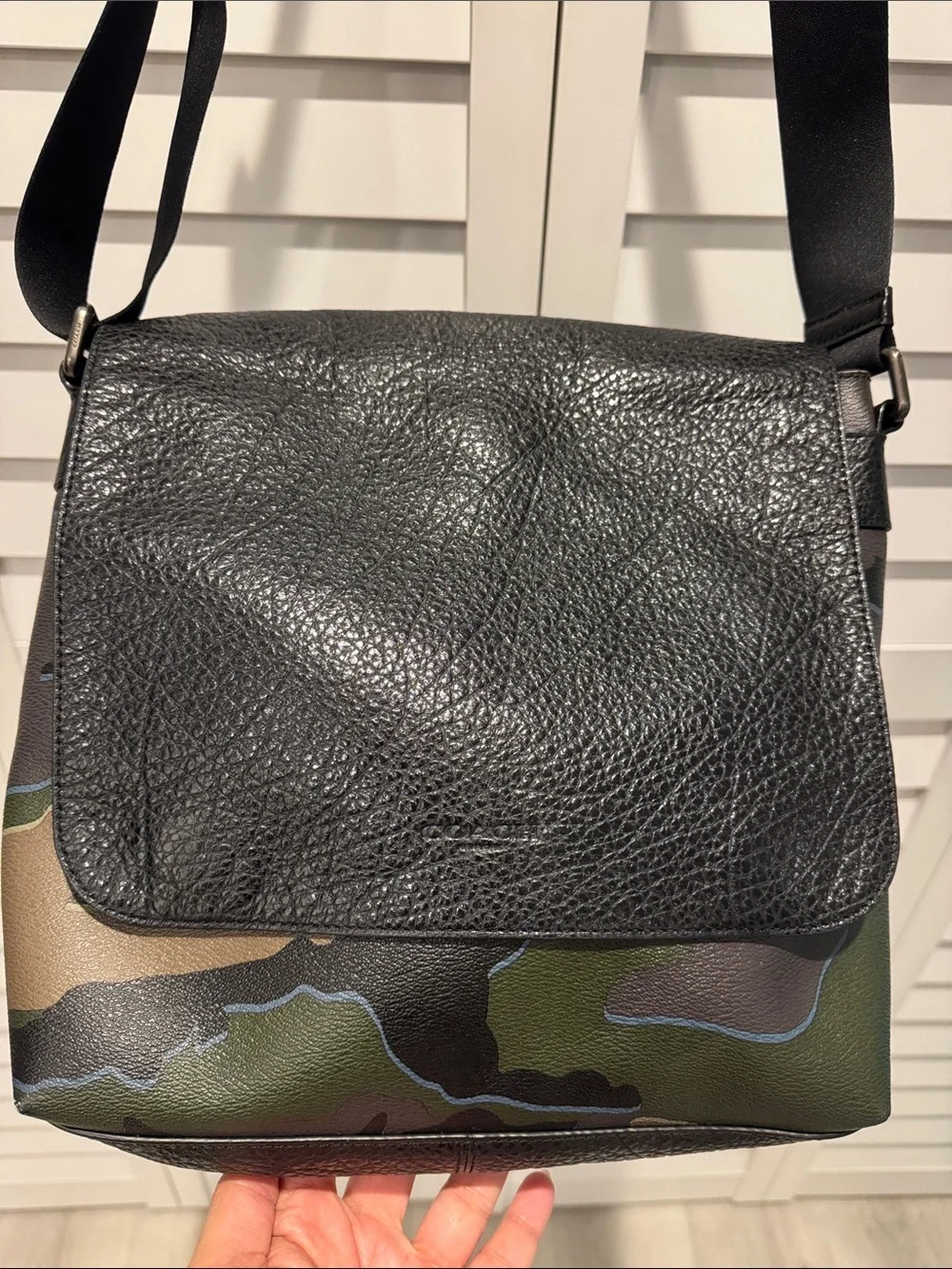 Coach Black Pebbled Leather Messenger Bag with Green Camo Panel
